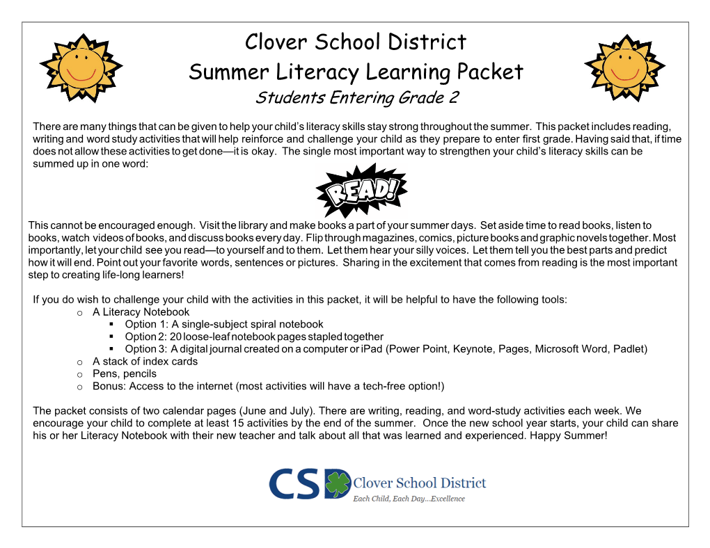 Clover School District Summer Literacy Learning Packet Students Entering Grade 2