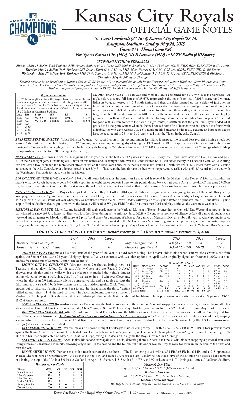 Kansas City Royals OFFICIAL GAME NOTES St