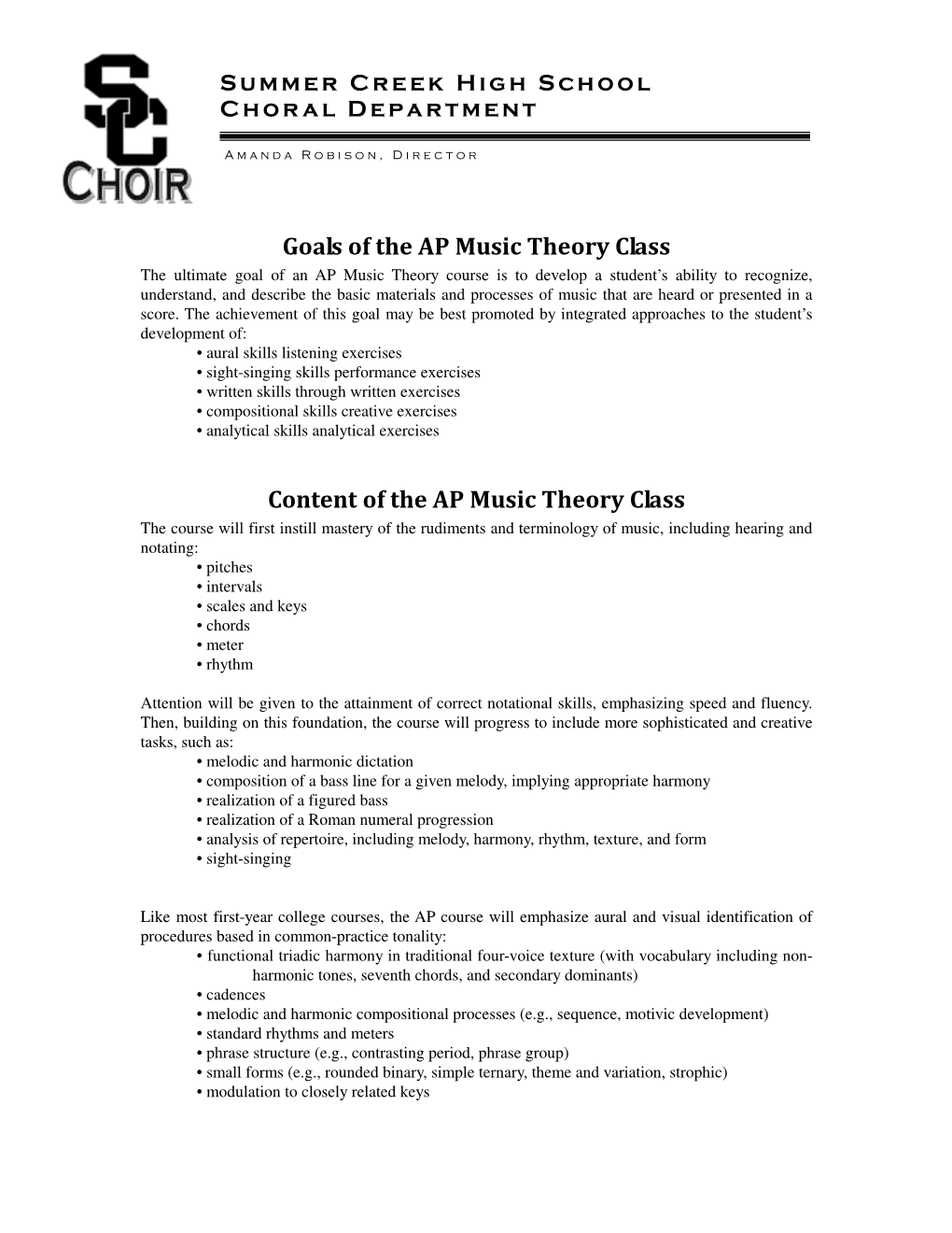 Goals of the AP Music Theory Class Content of the AP