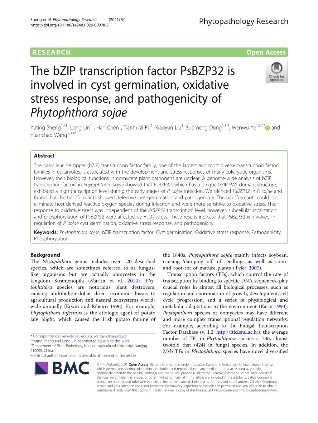 The Bzip Transcription Factor Psbzp32 Is Involved in Cyst Germination