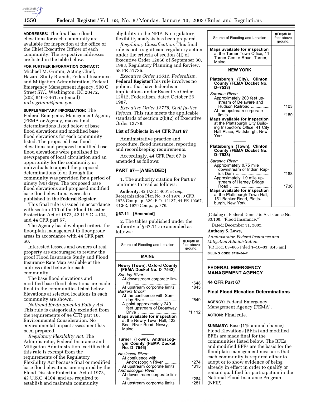 Federal Register/Vol. 68, No. 8/Monday, January 13, 2003/Rules