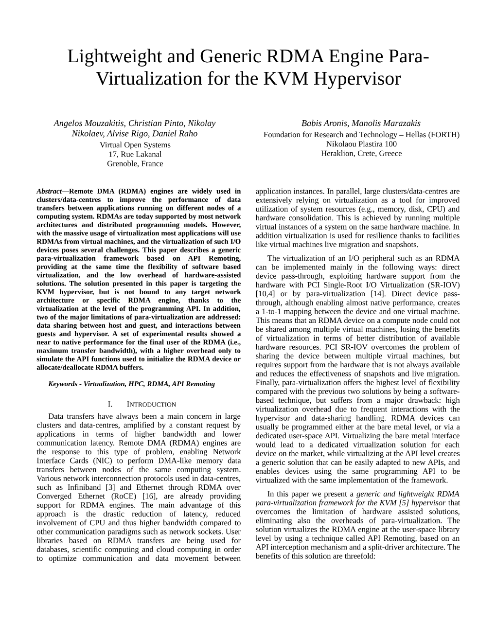 Lightweight and Generic RDMA Engine Para- Virtualization for the KVM Hypervisor