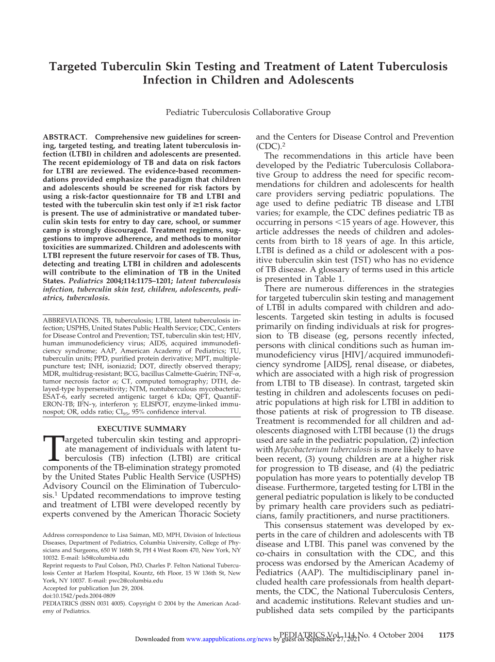 Targeted Tuberculin Skin Testing and Treatment of Latent Tuberculosis Infection in Children and Adolescents