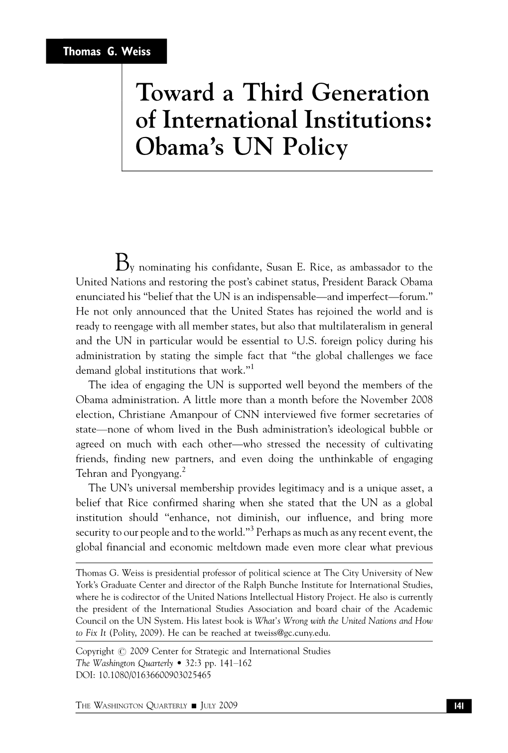 Toward a Third Generation of International Institutions: Obama's