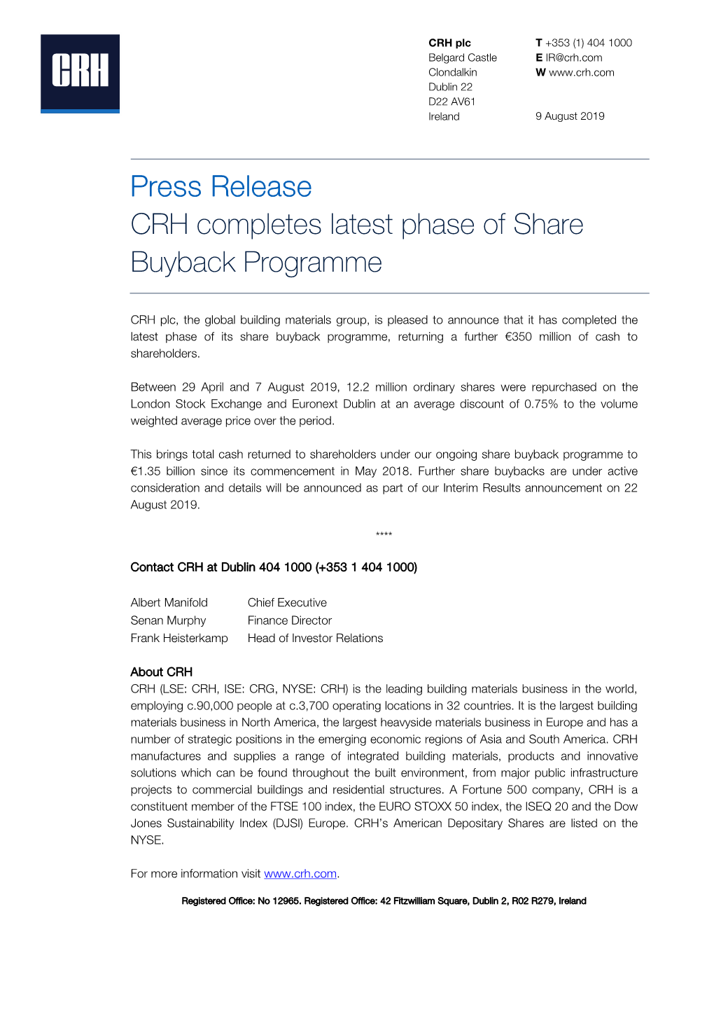 Press Release CRH Completes Latest Phase of Share Buyback Programme