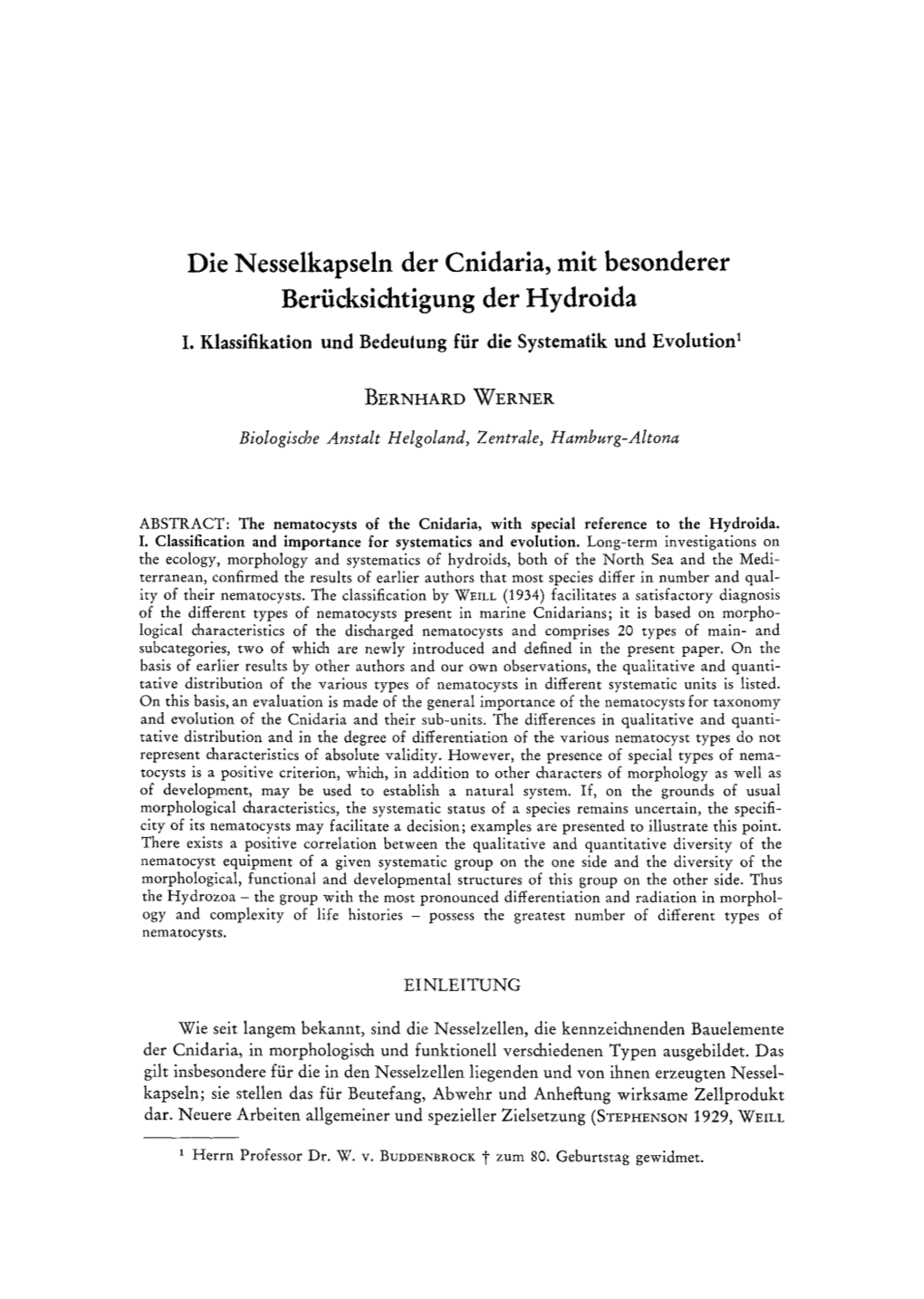 Die Nesselkapseln Der Cnidaria, Mit Besonderer Beriicksichtigung Der Hydroida I