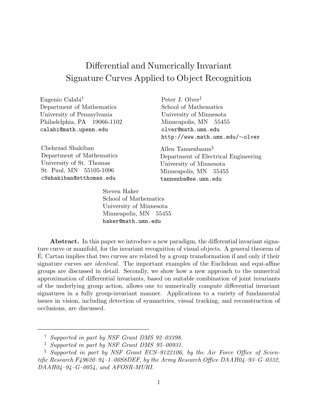 Differential and Numerically Invariant Signature Curves Applied to Object Recognition