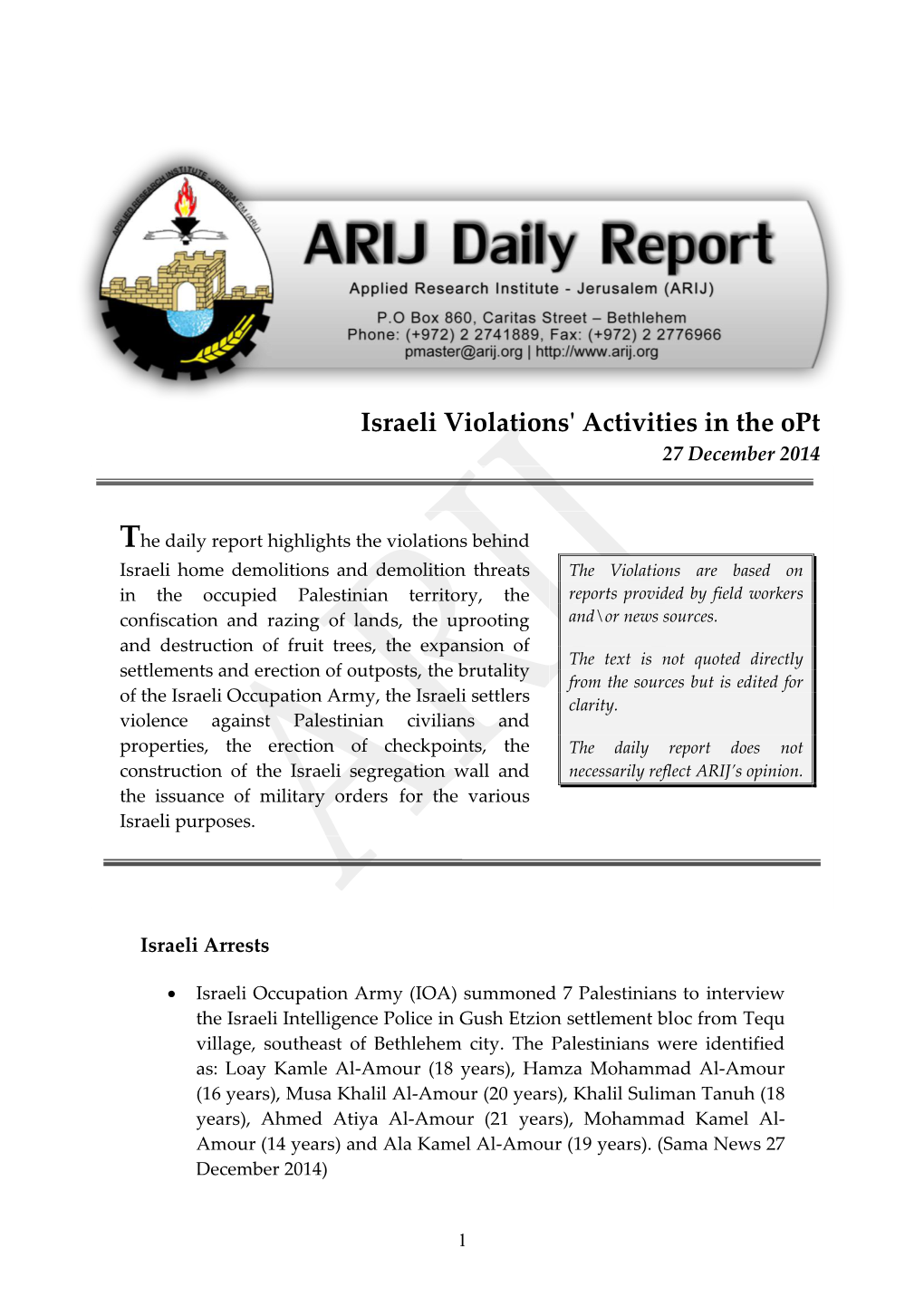 Israeli Violations' Activities in the Opt 27 December 2014