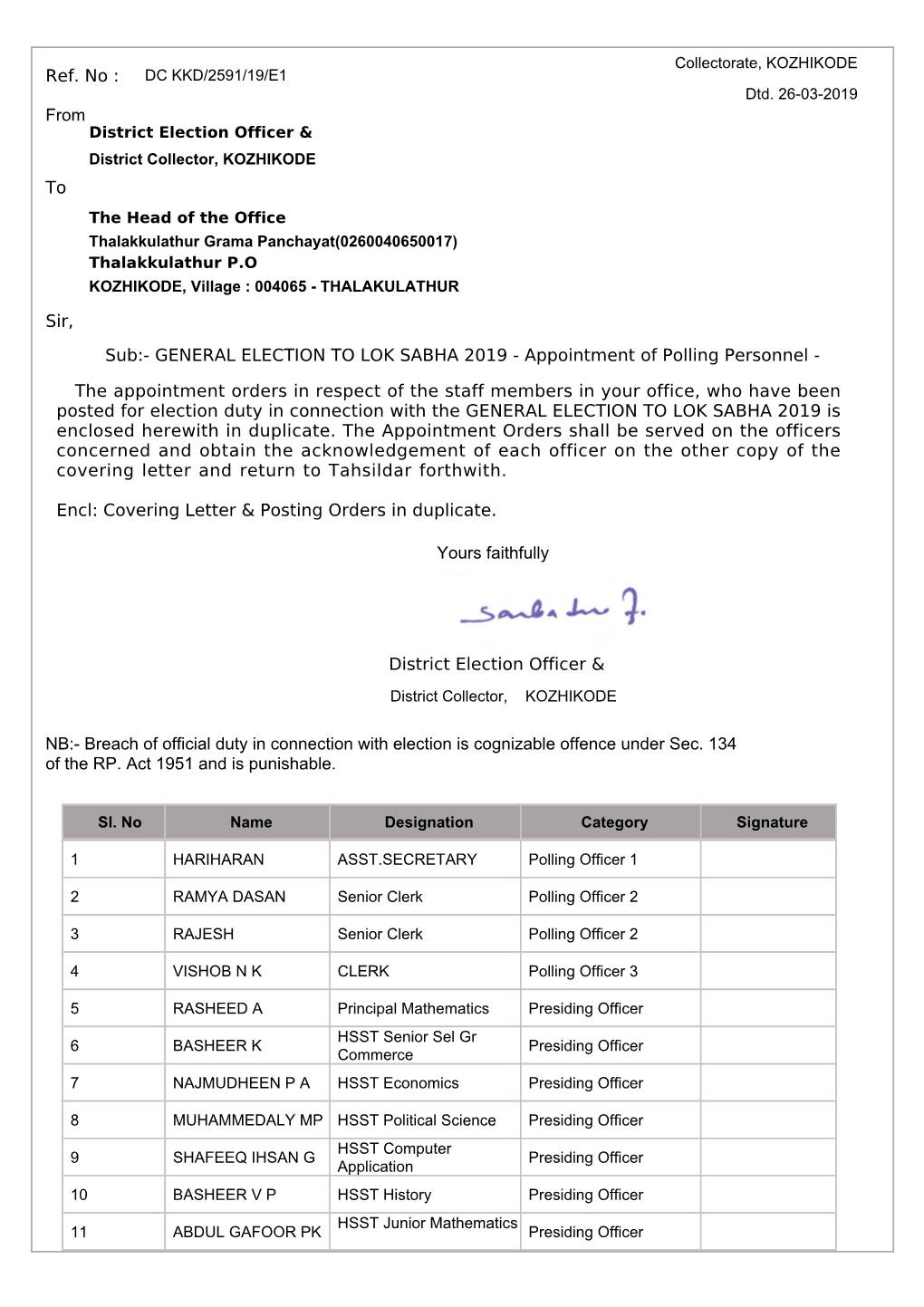 GENERAL ELECTION to LOK SABHA 2019 - Appointment of Polling Personnel