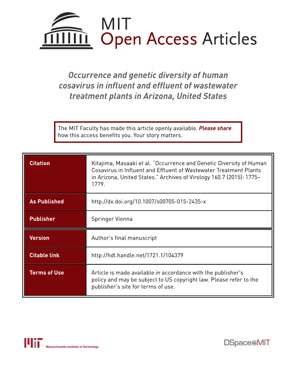 Occurrence and Genetic Diversity of Human Cosavirus in Influent and Effluent of Wastewater Treatment Plants in Arizona, United States