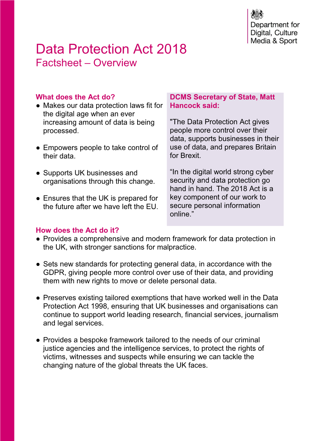 Data Protection Act 2018 Factsheet – Overview