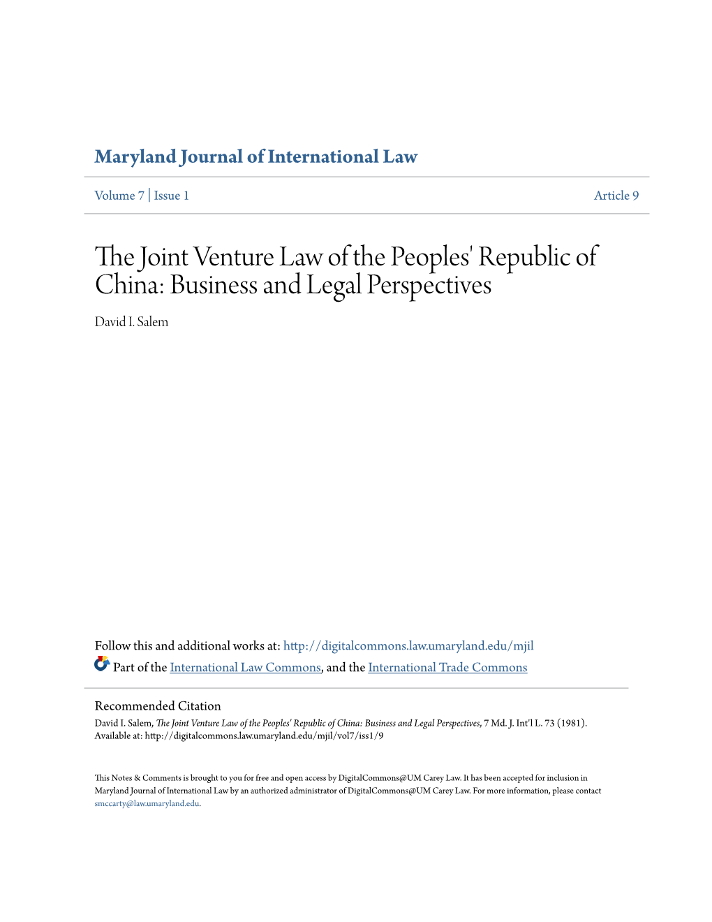 The Joint Venture Law of the Peoples' Republic of China: Business and Legal Perspectives, 7 Md