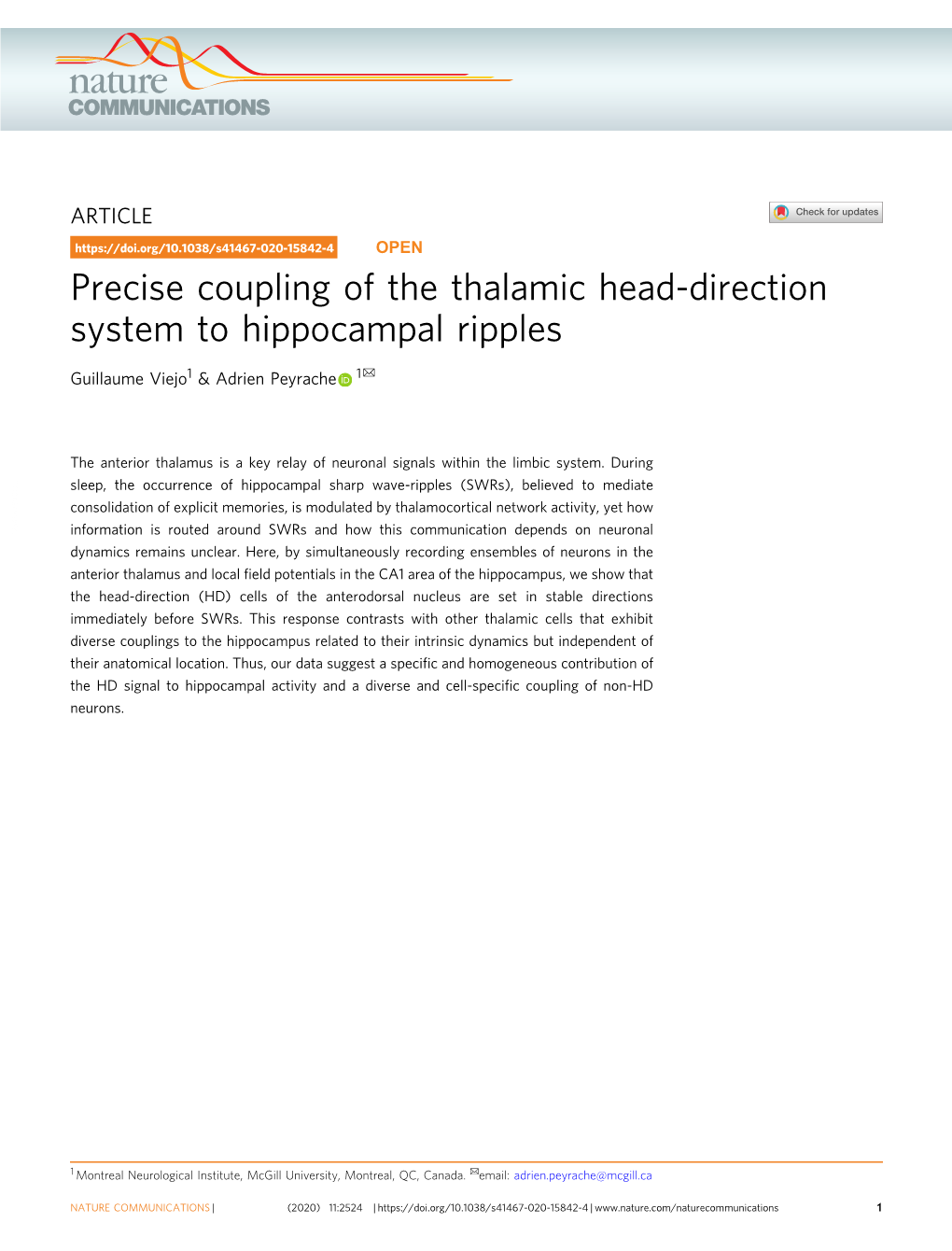 Precise Coupling of the Thalamic Head-Direction System to Hippocampal Ripples ✉ Guillaume Viejo1 & Adrien Peyrache 1