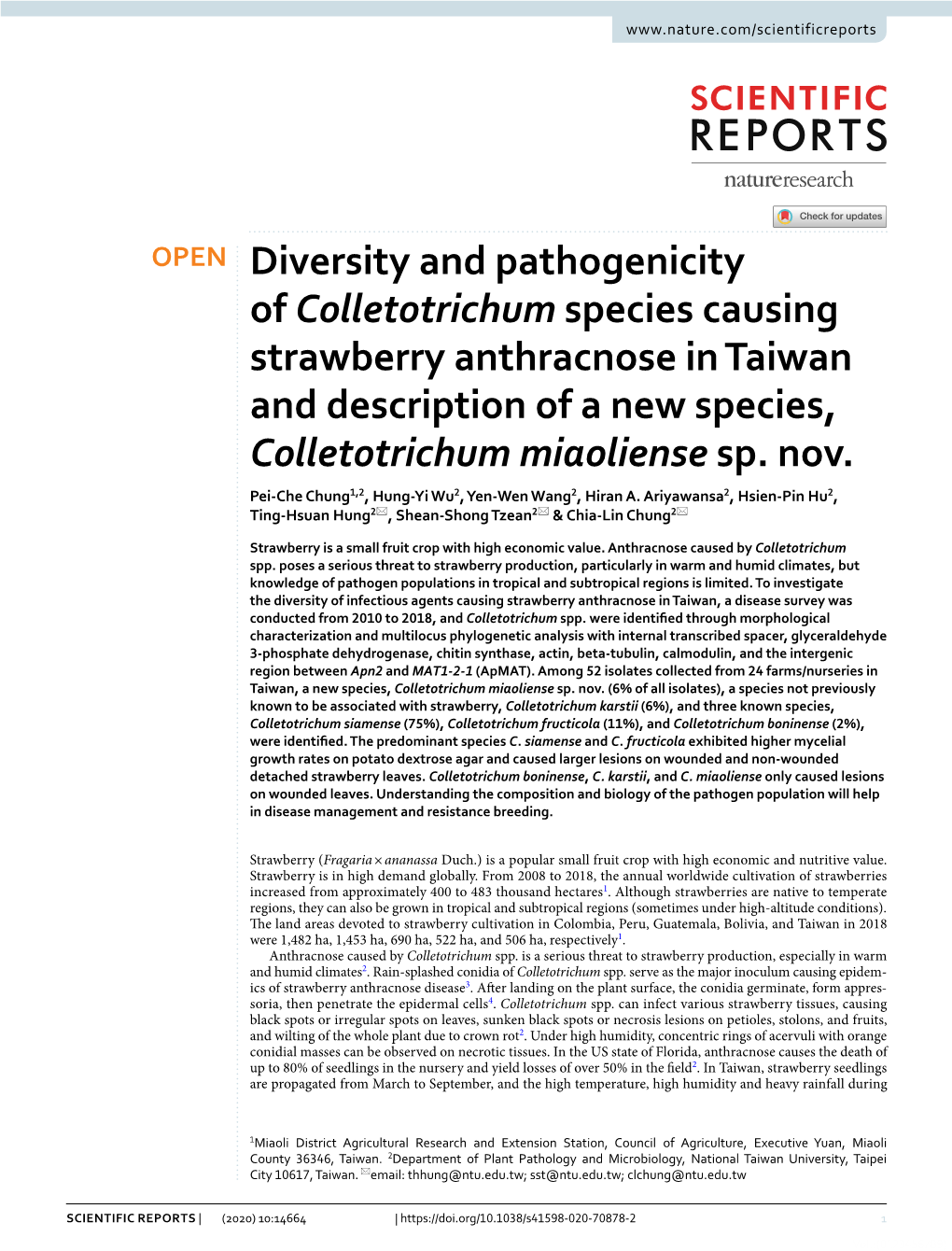 Diversity and Pathogenicity of Colletotrichum Species Causing Strawberry Anthracnose in Taiwan and Description of a New Species, Colletotrichum Miaoliense Sp