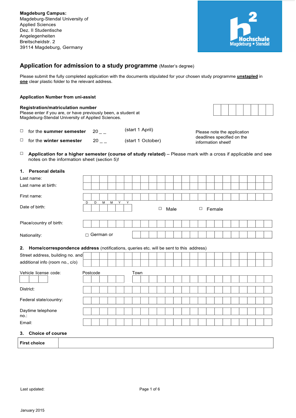 Application for Admission to a Study Programme (Master's Degree) Male