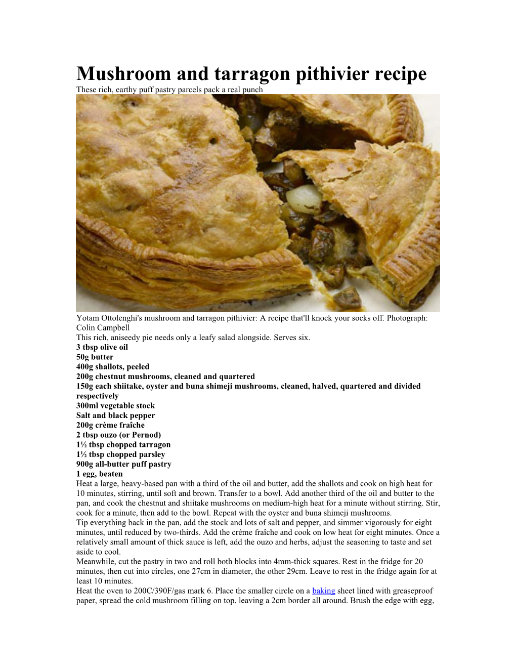 Mushroom and Tarragon Pithivier Recipe