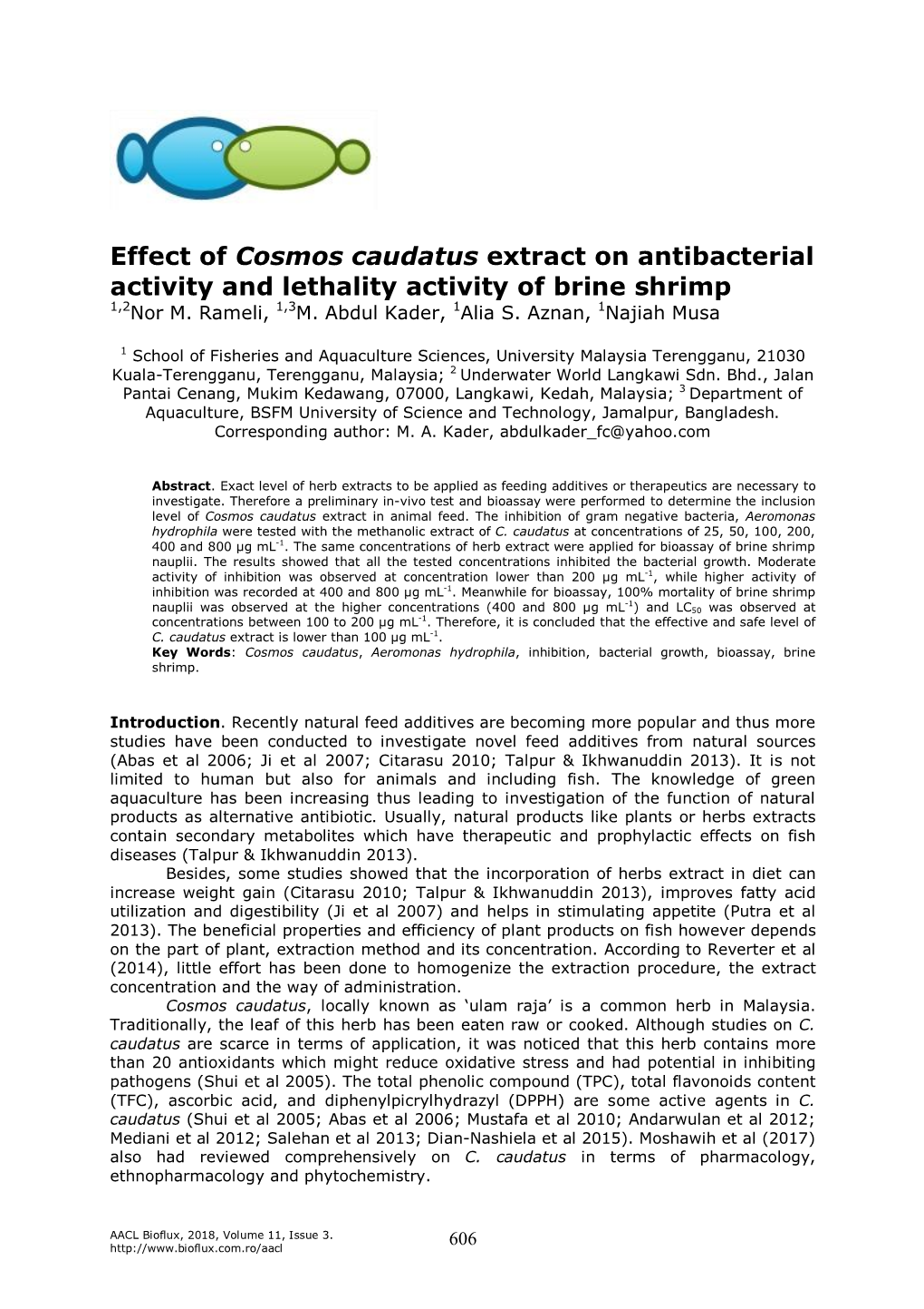 Effect of Cosmos Caudatus Extract on Antibacterial Activity and Lethality Activity of Brine Shrimp 1,2Nor M