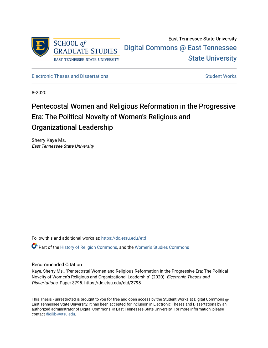 Pentecostal Women and Religious Reformation in the Progressive Era: the Political Novelty of Women’S Religious and Organizational Leadership