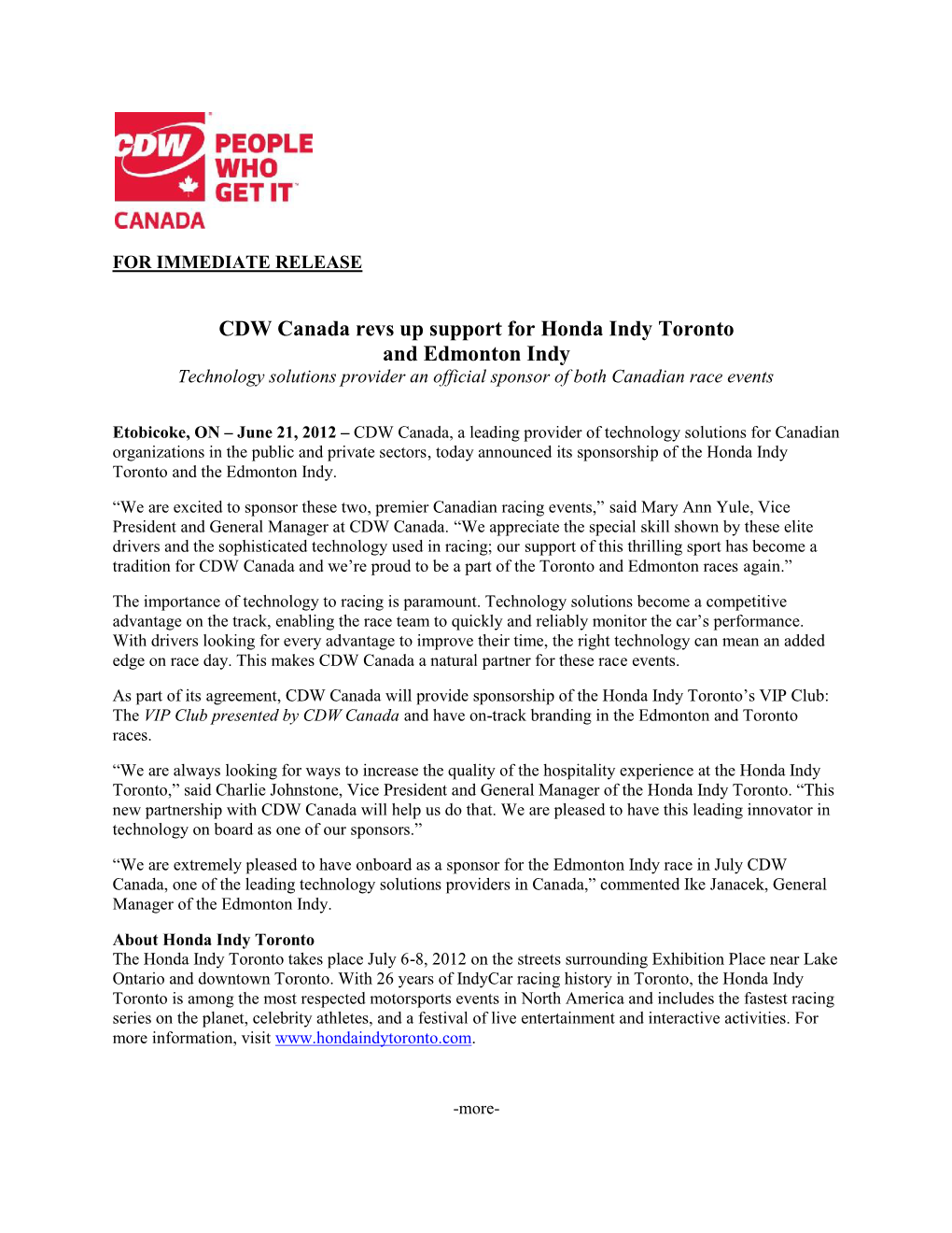 CDW Canada Revs up Support for Honda Indy Toronto and Edmonton Indy Technology Solutions Provider an Official Sponsor of Both Canadian Race Events