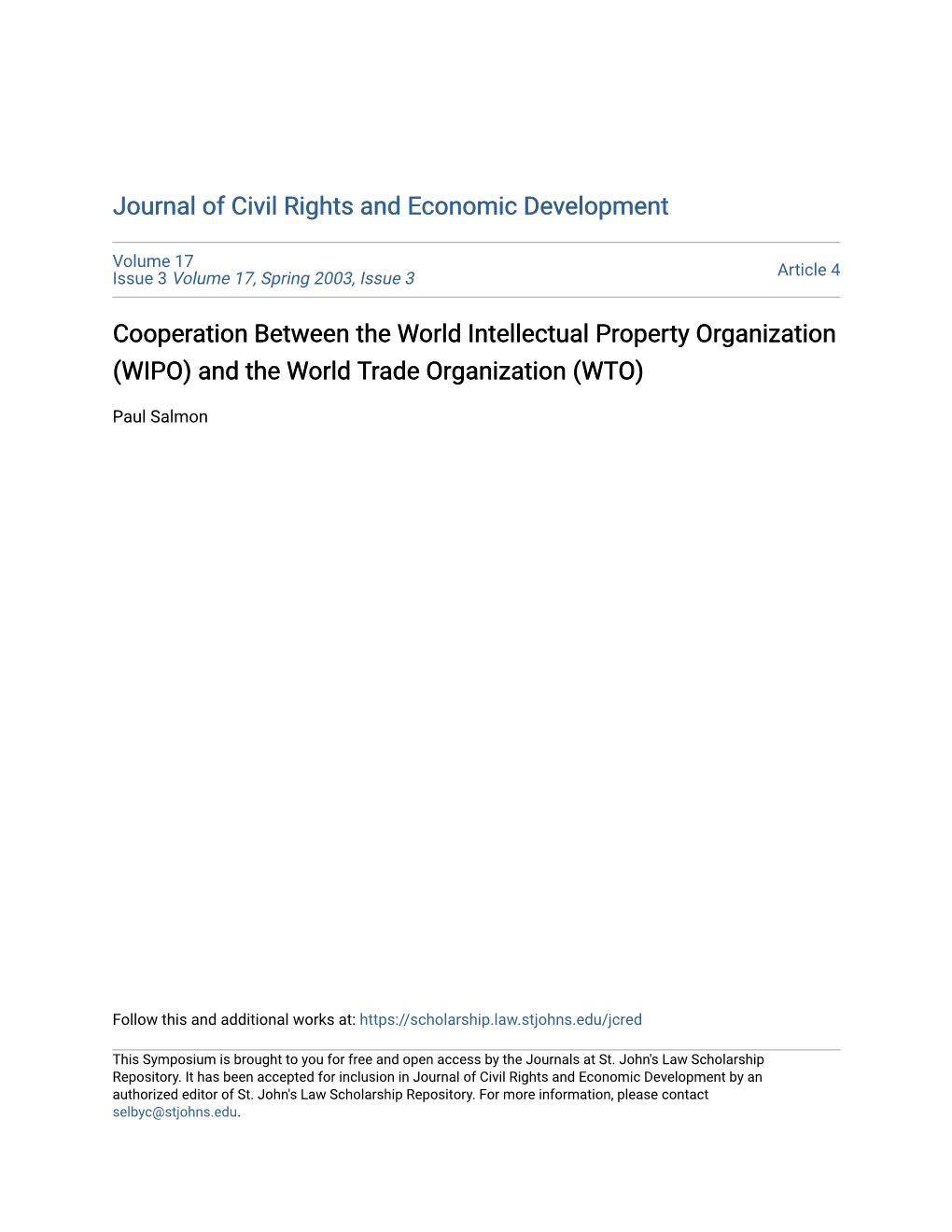Cooperation Between the World Intellectual Property Organization (WIPO) and the World Trade Organization (WTO)