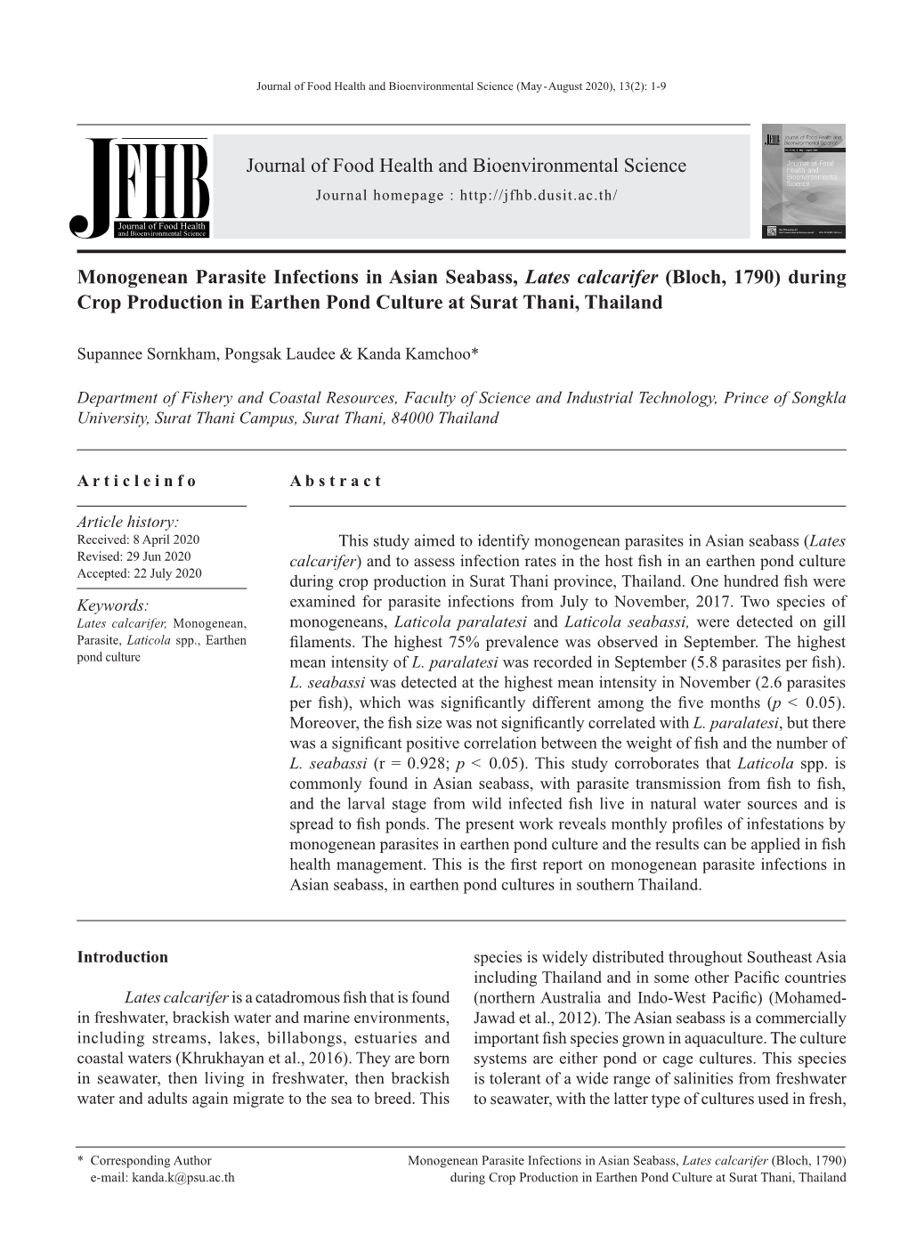 Monogenean Parasite Infections in Asian Seabass, Lates Calcarifer (Bloch, 1790) During Crop Production in Earthen Pond Culture at Surat Thani, Thailand