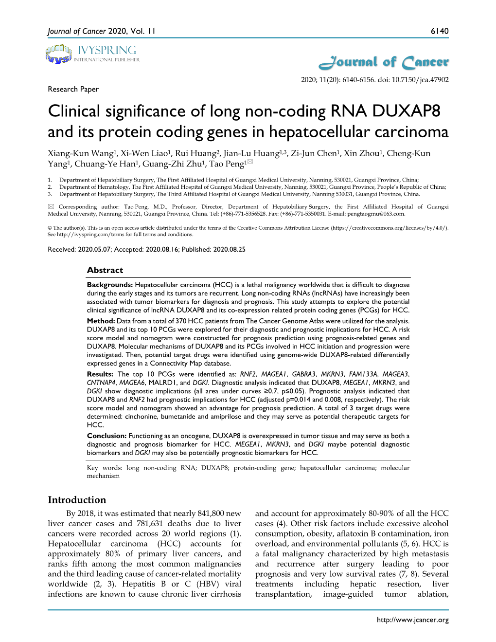 Clinical Significance of Long Non-Coding RNA DUXAP8 and Its Protein Coding Genes in Hepatocellular Carcinoma