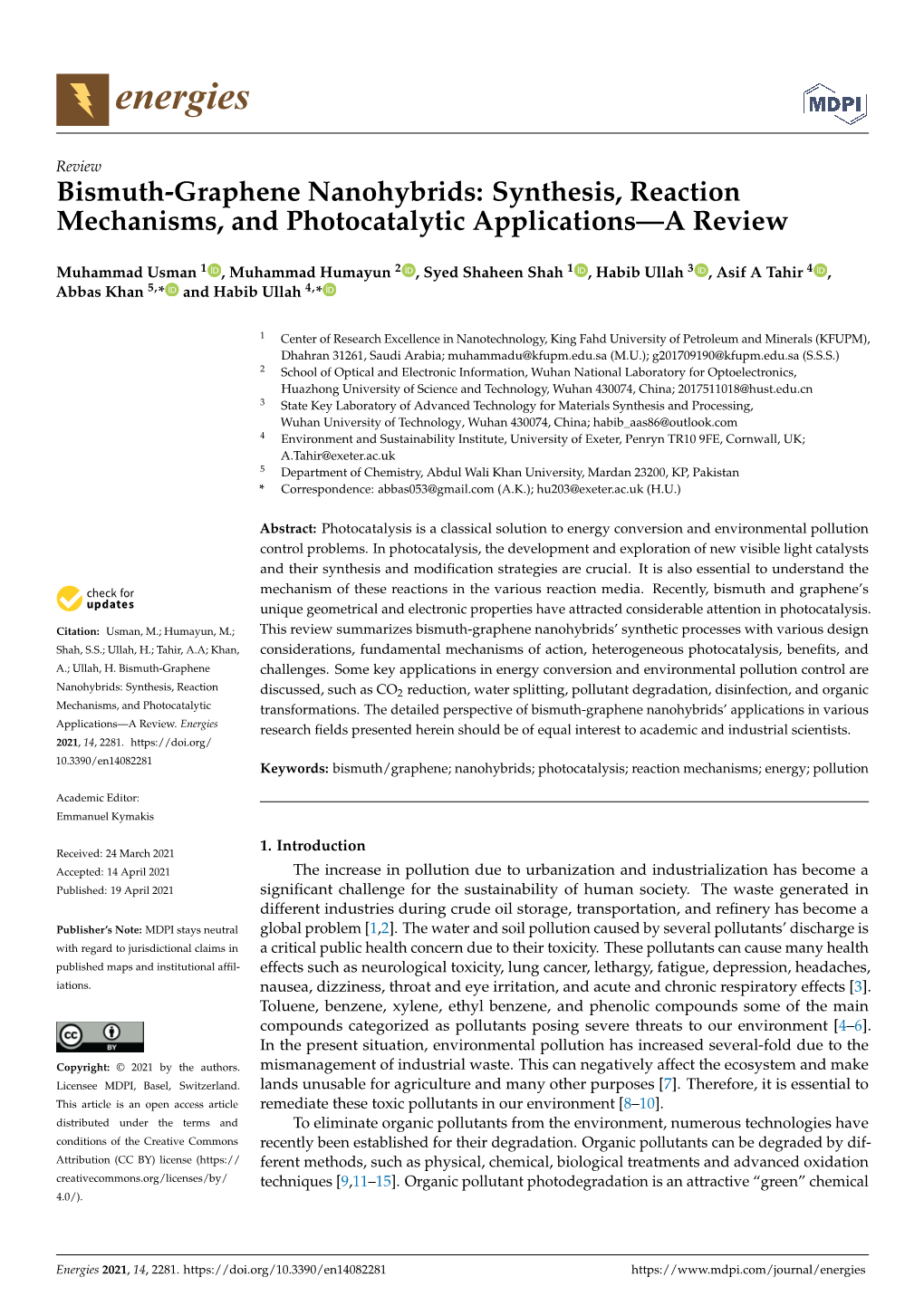 Bismuth-Graphene Nanohybrids: Synthesis, Reaction Mechanisms, and Photocatalytic Applications—A Review