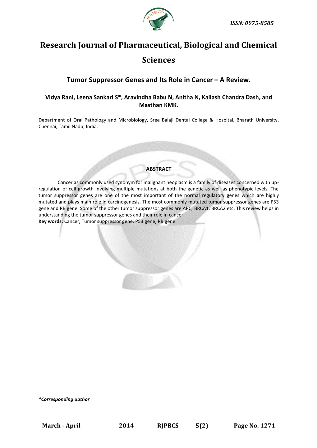 Tumor Suppressor Genes and Its Role in Cancer – a Review