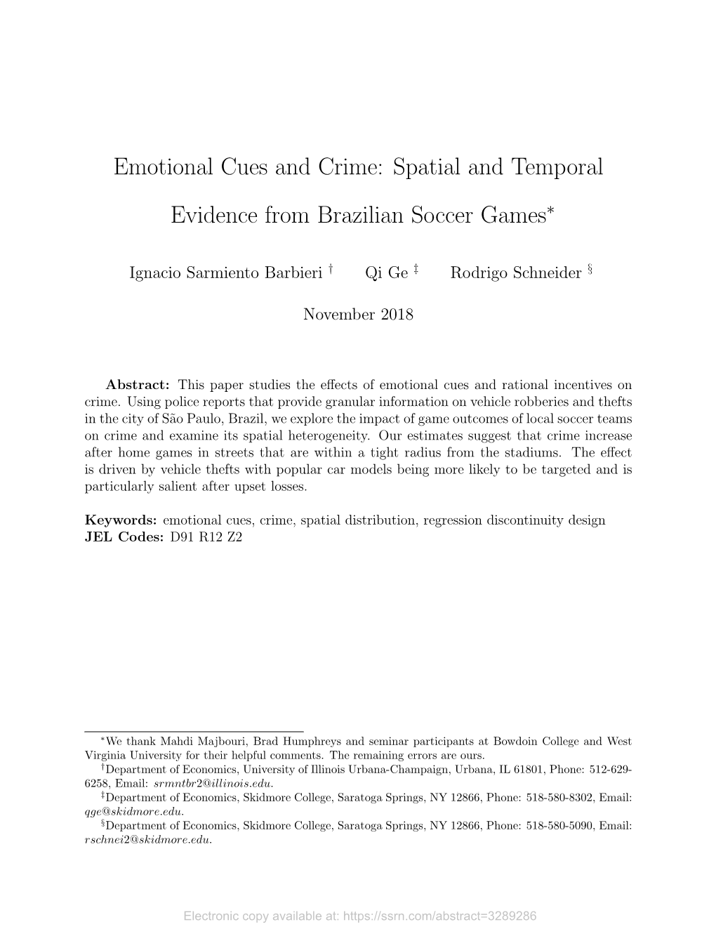 Emotional Cues and Crime: Spatial and Temporal Evidence from Brazilian Soccer Games∗