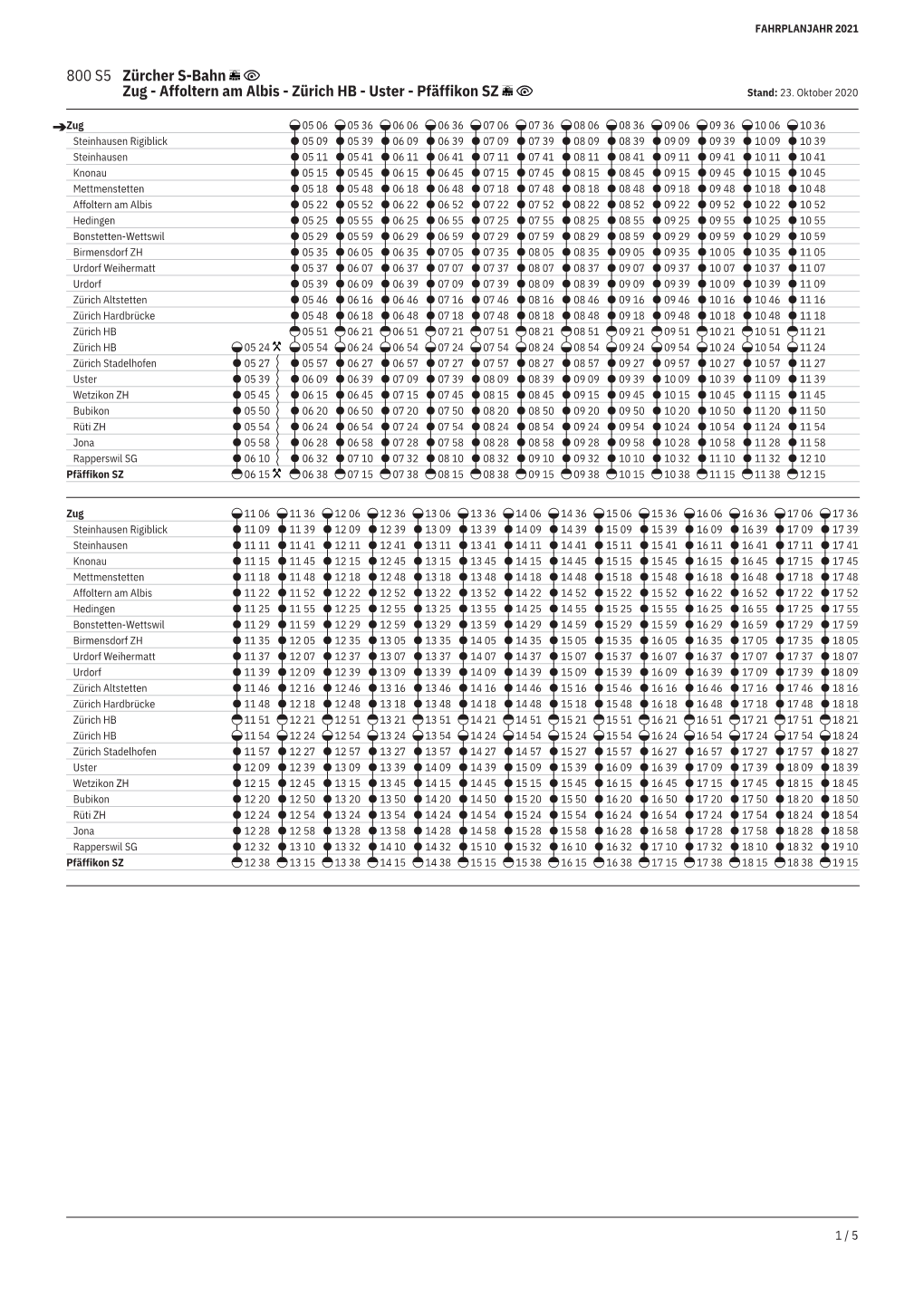 800 S5 Zürcher S-Bahn Zug - Affoltern Am Albis - Zürich HB - Uster - Pfäffikon SZ Stand: 23