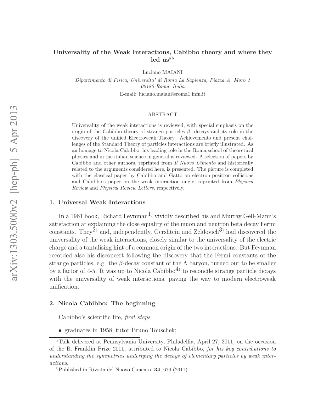 Arxiv:1303.5000V2 [Hep-Ph] 5 Apr 2013 .Uieslwa Interactions Weak Universal 1