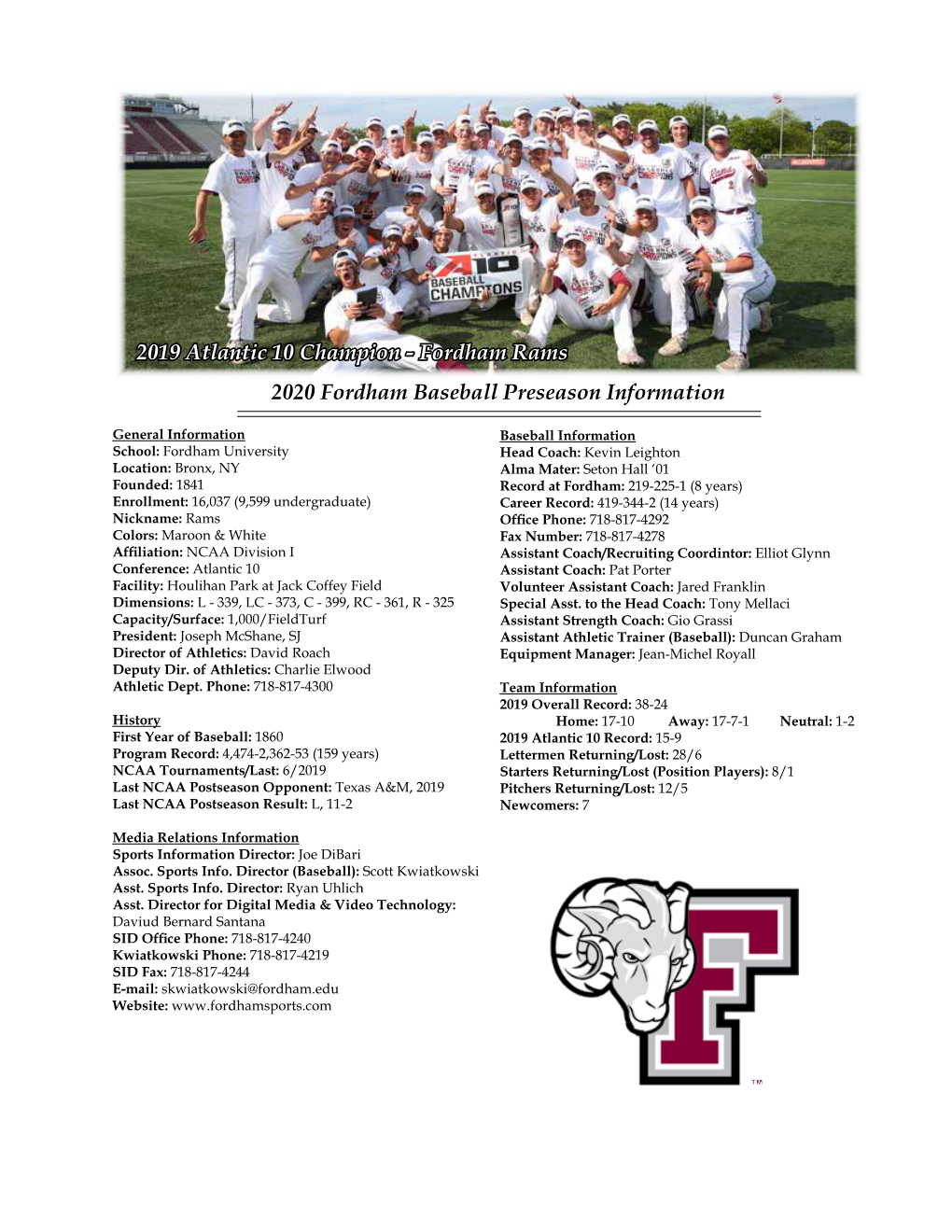 2020 Fordham Baseball Preseason Information 2019 Atlantic 10