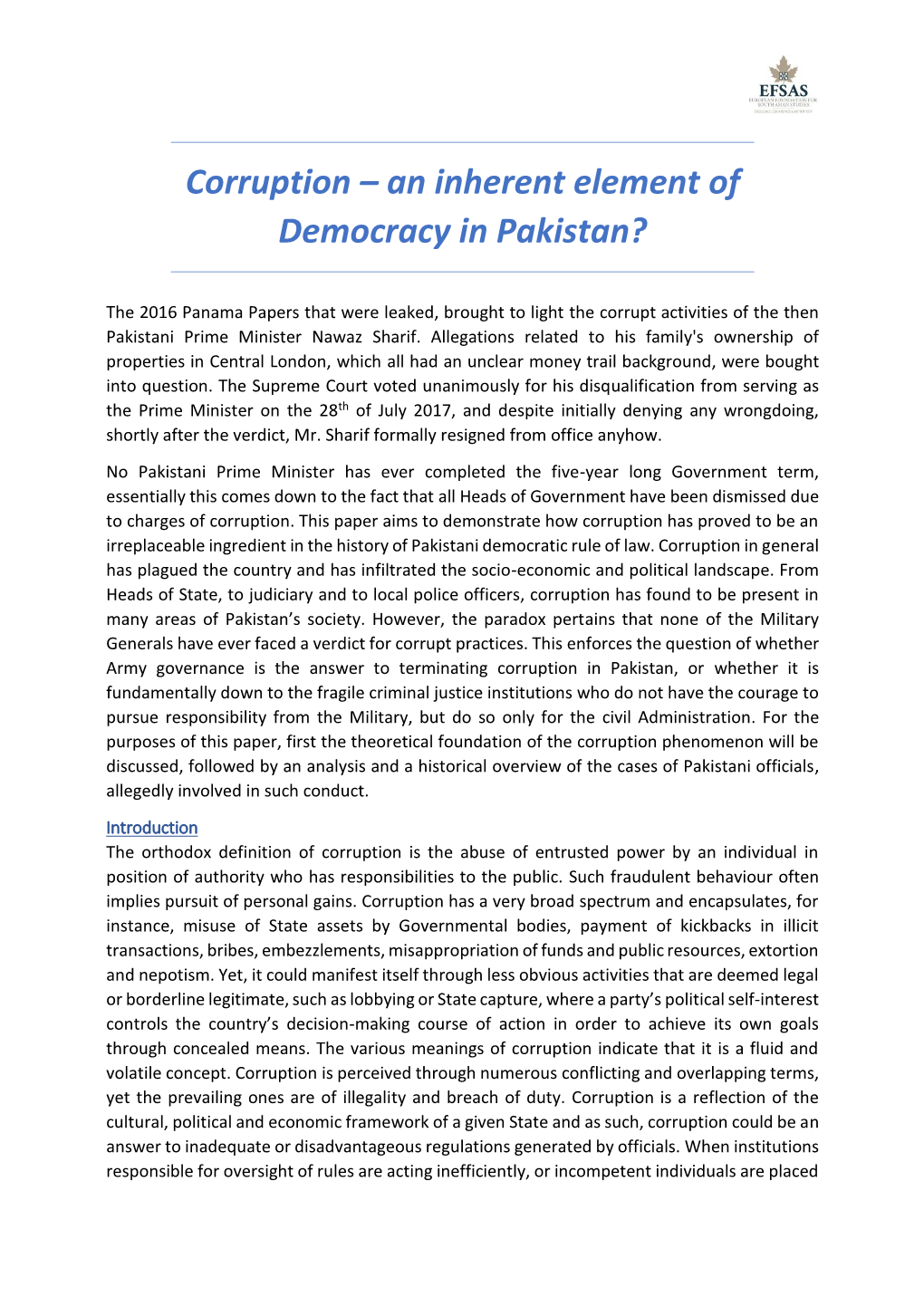 Corruption – an Inherent Element of Democracy in Pakistan?