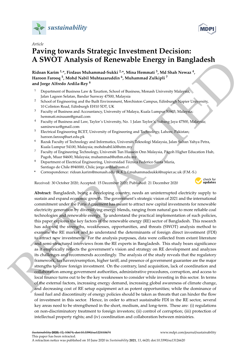 A SWOT Analysis of Renewable Energy in Bangladesh