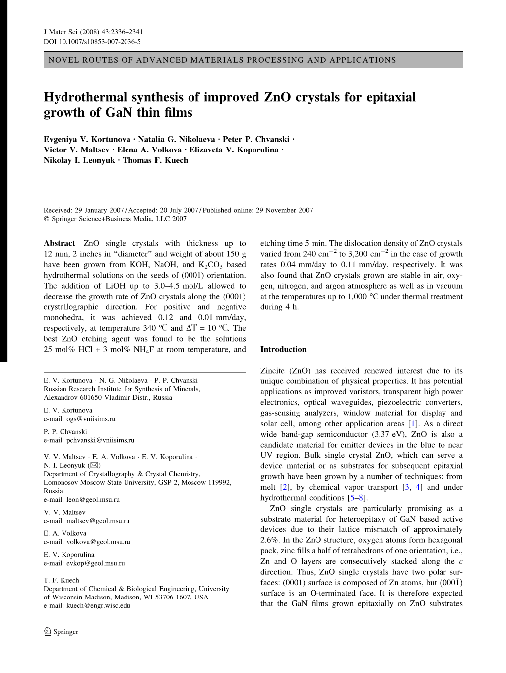 Hydrothermal Synthesis of Improved Zno Crystals for Epitaxial Growth of Gan Thin Films