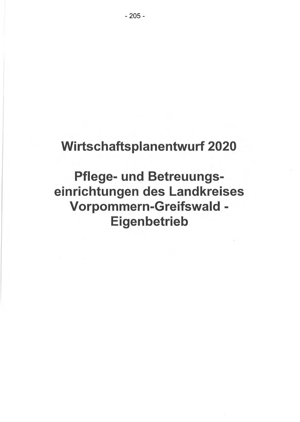 Wirtschaftsplan 2020 Pflege- Und Betreuungseinrichtung Des Landkreises-Vorpommern Greifswald