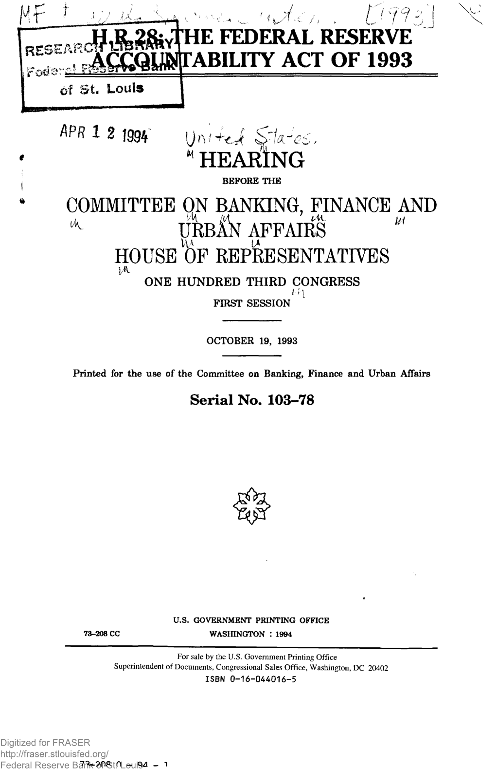 H.R. 28, the Federal Reserve Accountability Act of 1993 : Hearing