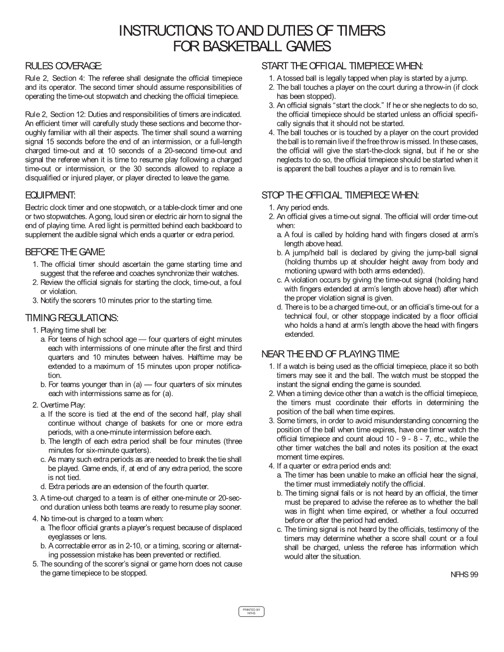 Instructions to and Duties of Timers for Basketball Games