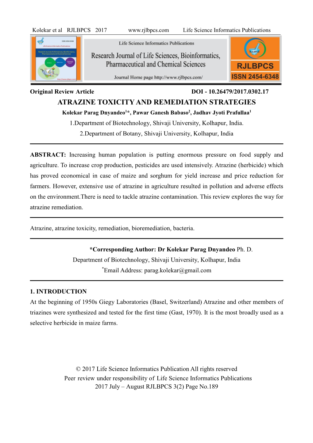 Atrazine Toxicity and Remediation Strategies