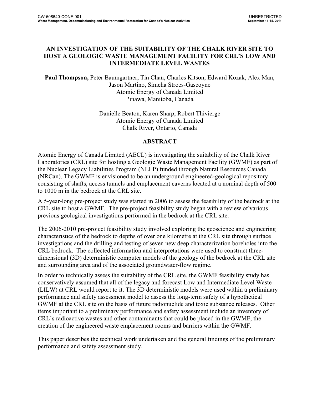 An Investigation of the Suitability of the Chalk River Site to Host a Geologic Waste Management Facility for Crl's Low And
