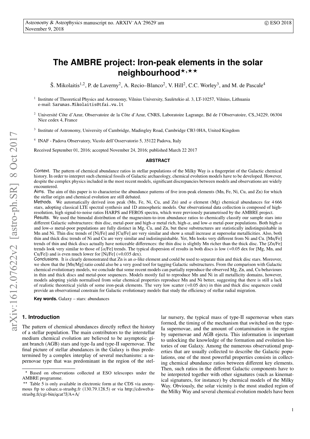 The AMBRE Project: Iron-Peak Elements in the Solar Neighbourhood?,?? S.ˇ Mikolaitis1,2, P