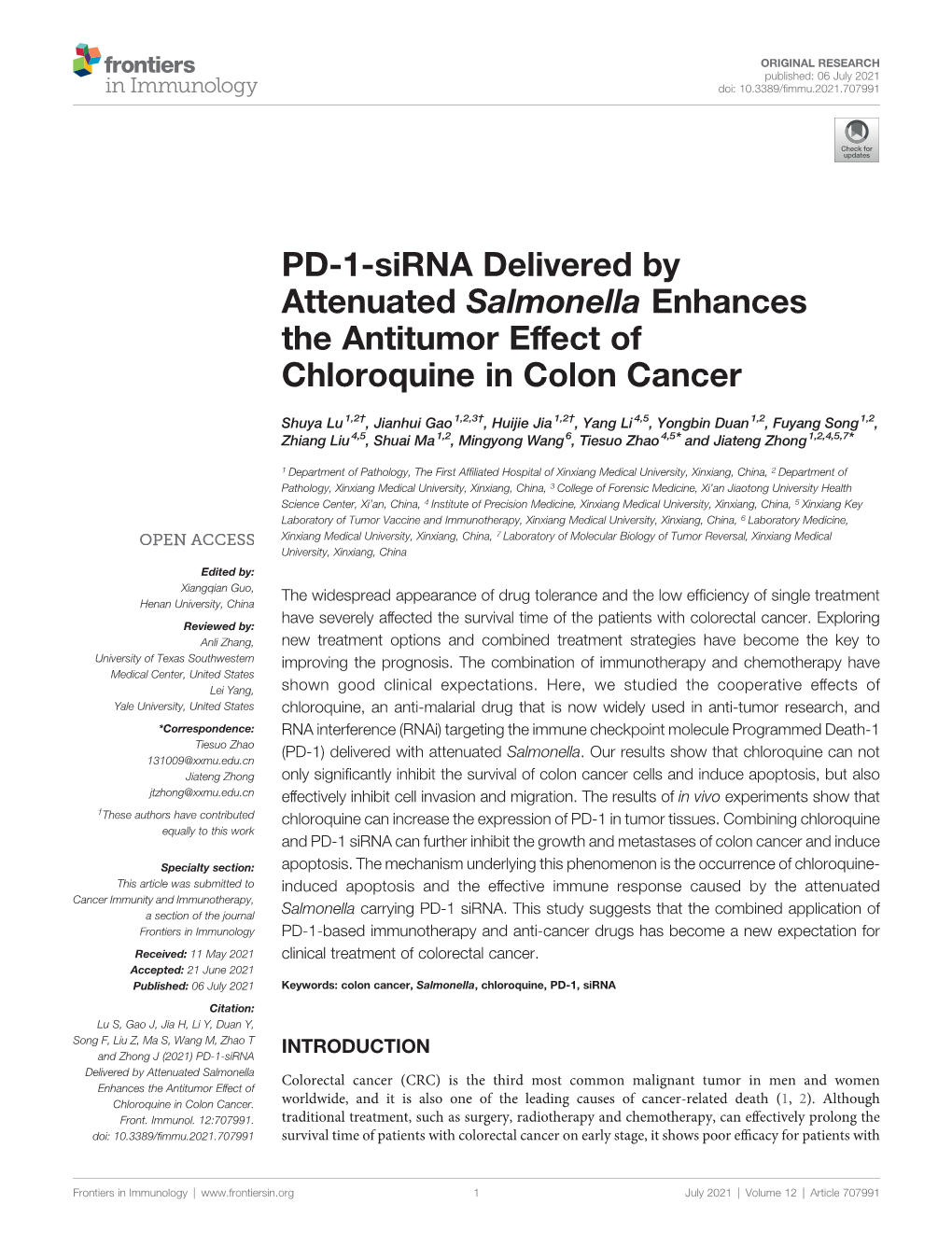 PD-1-Sirna Delivered by Attenuated Salmonella Enhances the Antitumor Effect of Chloroquine in Colon Cancer