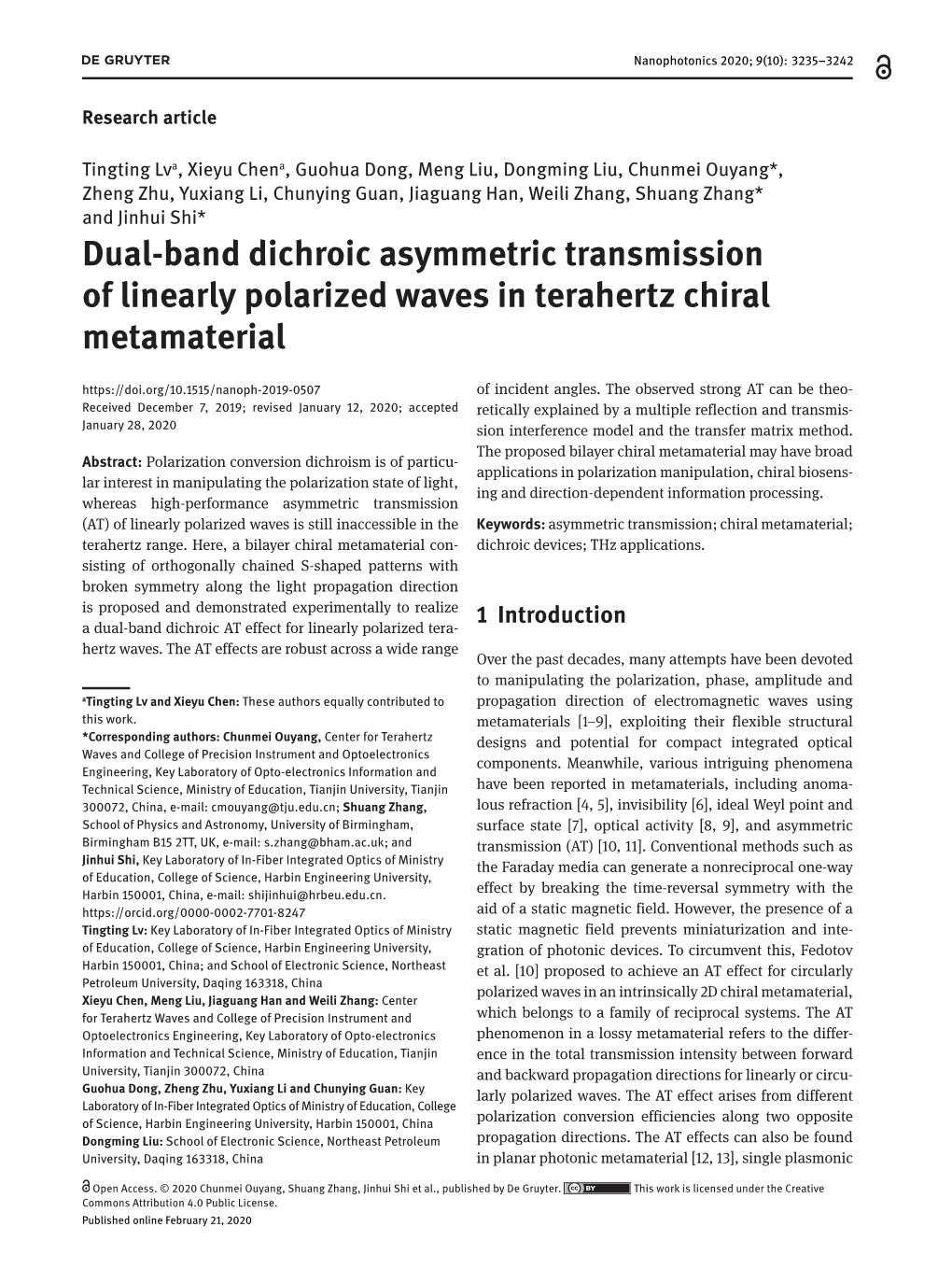 Dual-Band Dichroic Asymmetric Transmission of Linearly Polarized Waves in Terahertz Chiral Metamaterial of Incident Angles