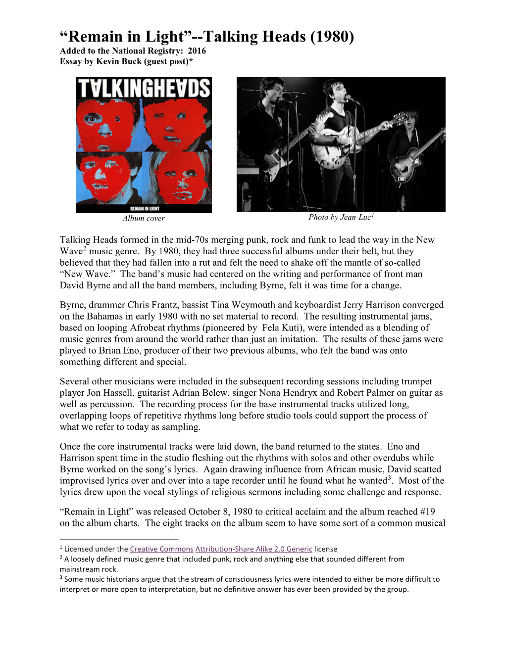 Remain in Light”--Talking Heads (1980) Added to the National Registry: 2016 Essay by Kevin Buck (Guest Post)*