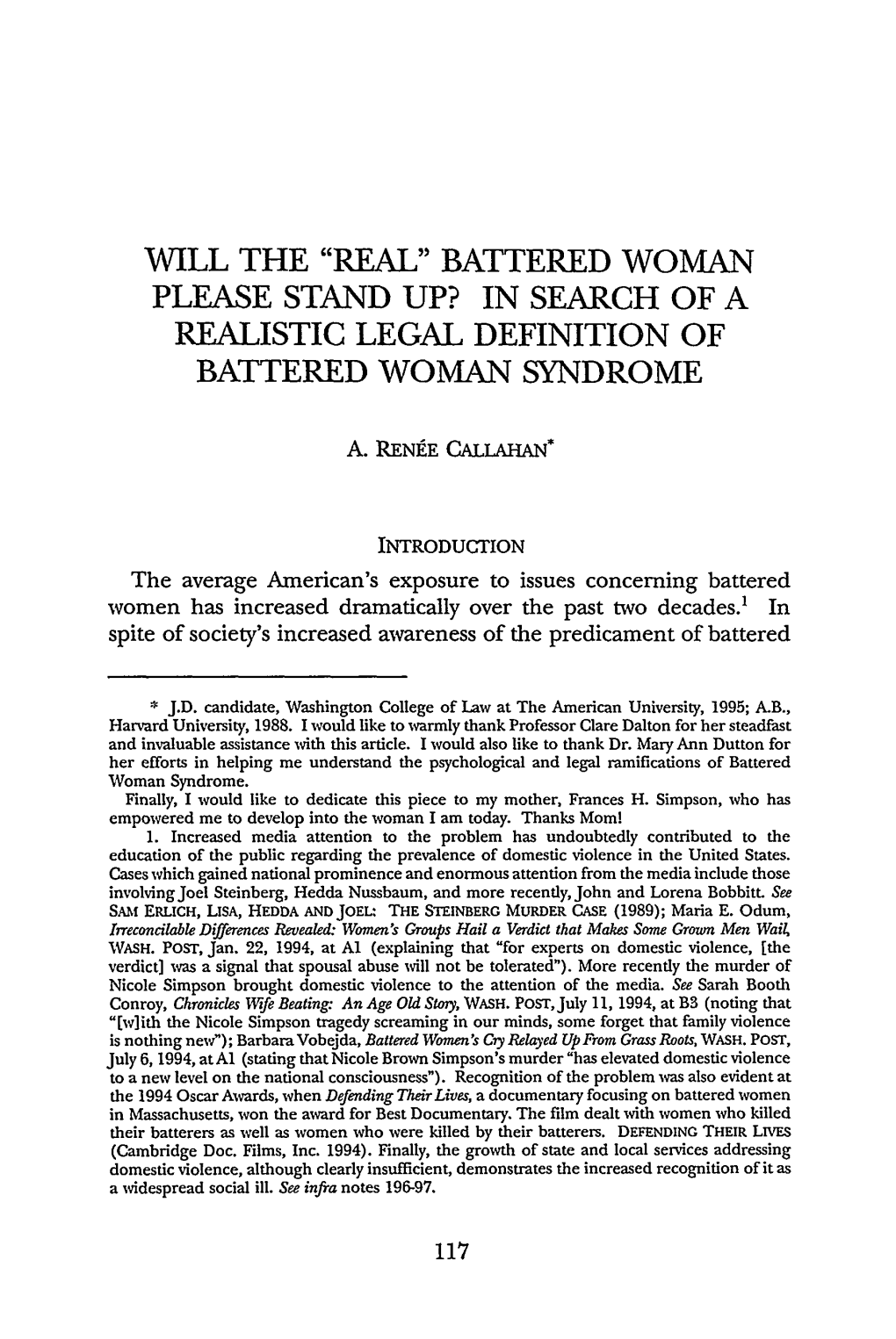 In Search of a Realistic Legal Definition of Battered Woman Syndrome