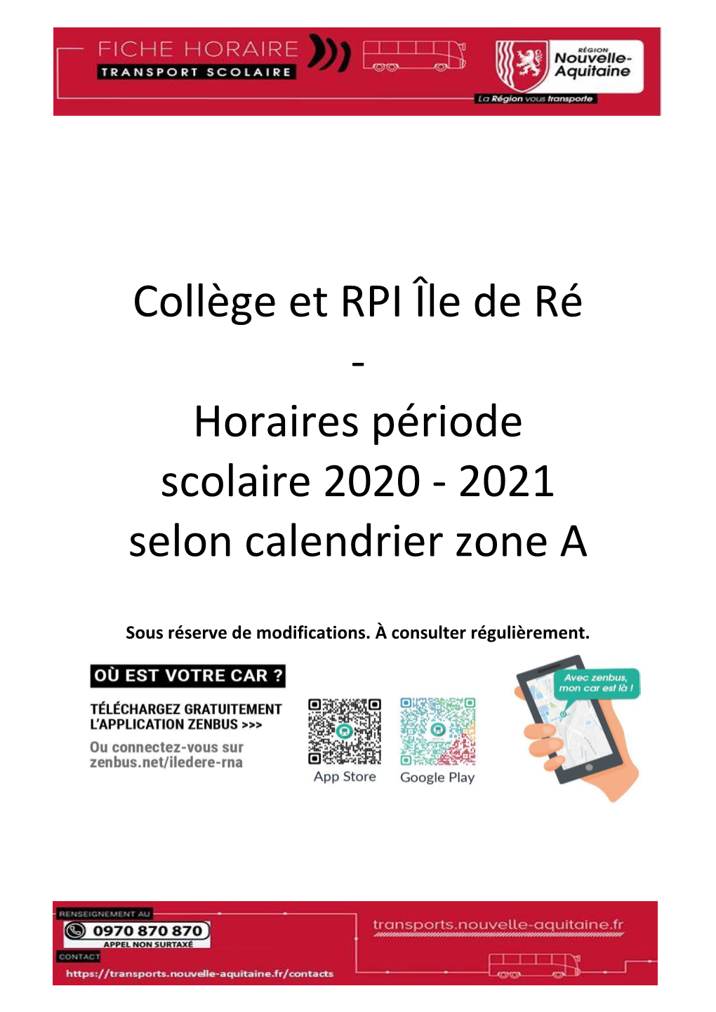 Collège Et RPI Île De Ré - Horaires Période Scolaire 2020 - 2021 Selon Calendrier Zone A