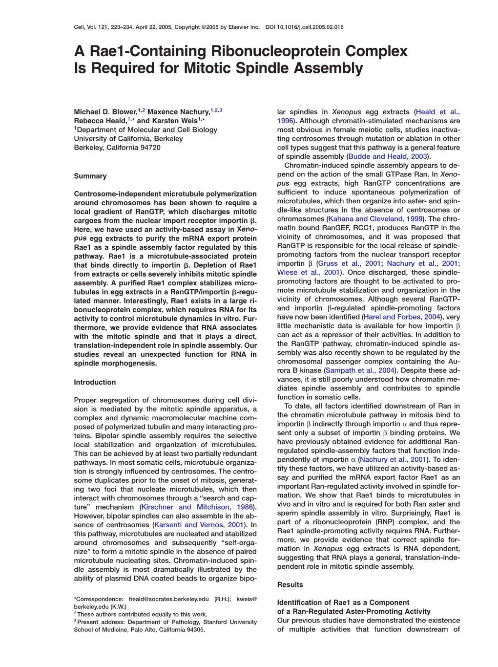 A Rae1-Containing Ribonucleoprotein Complex Is Required for Mitotic Spindle Assembly