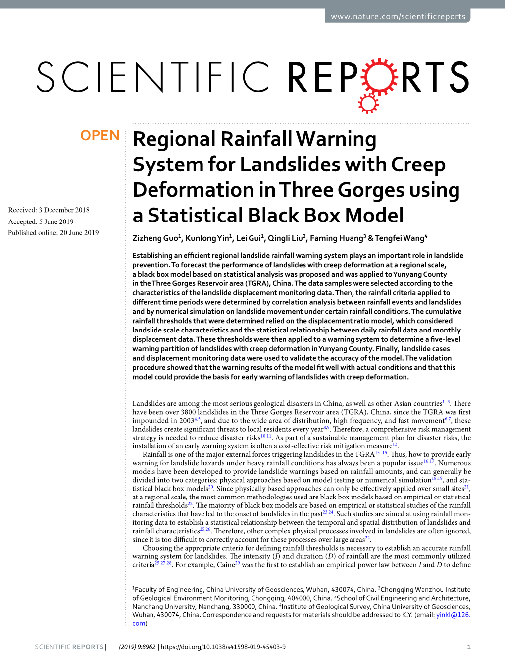 Regional Rainfall Warning System for Landslides with Creep Deformation in Three Gorges Using a Statistical Black Box Model