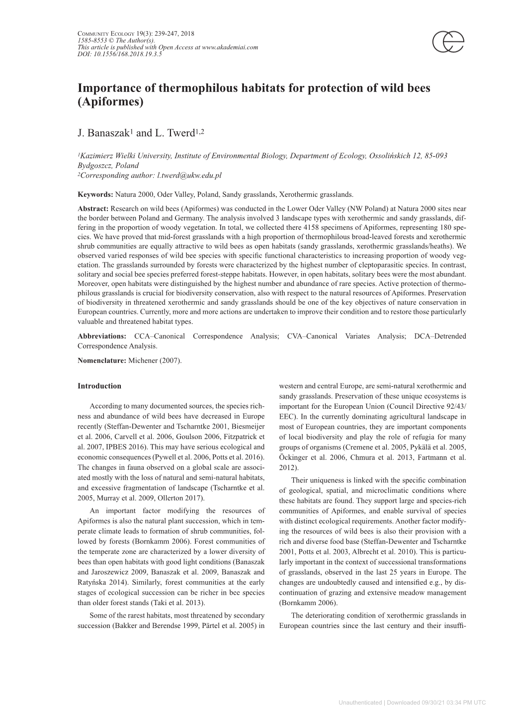 Importance of Thermophilous Habitats for Protection of Wild Bees (Apiformes)