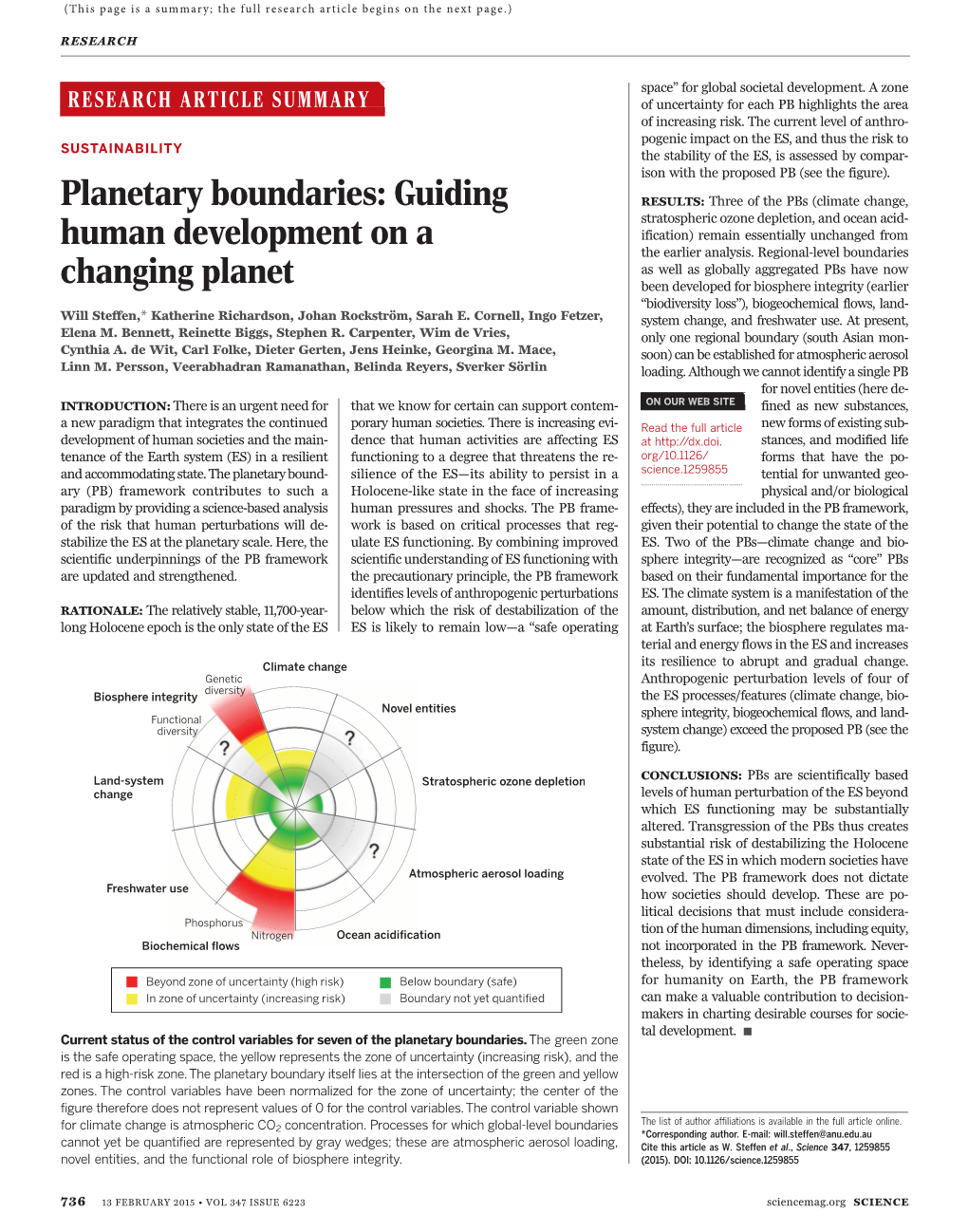 Planetary Boundaries: Guiding Human Development on a Changing Planet Will Steffen,* Katherine Richardson, Johan Rockström, Sarah E